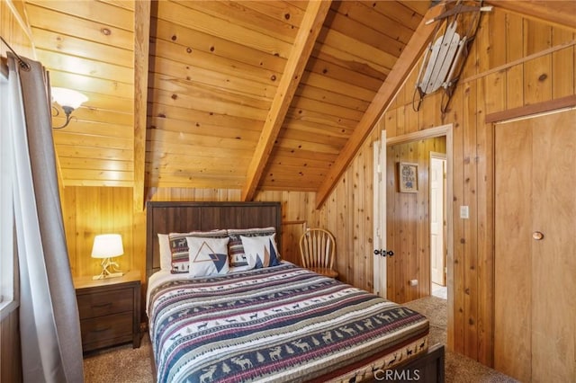 carpeted bedroom featuring lofted ceiling with beams, wood ceiling, and wooden walls