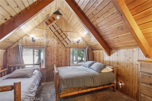 carpeted bedroom with wood ceiling, wood walls, and lofted ceiling with beams