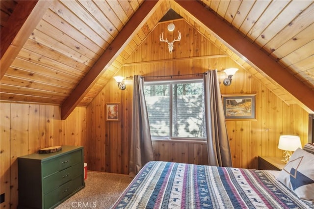 carpeted bedroom featuring wooden ceiling, wood walls, and lofted ceiling with beams