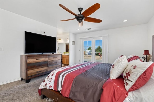 bedroom with visible vents, access to outside, french doors, carpet, and baseboards