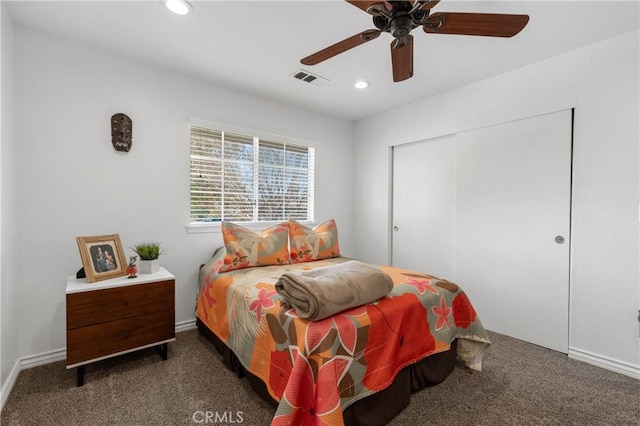 bedroom featuring visible vents, carpet flooring, recessed lighting, a closet, and a ceiling fan