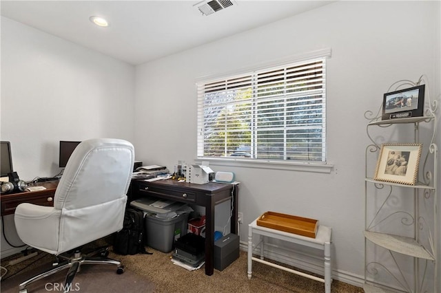 carpeted home office featuring recessed lighting and visible vents