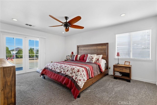 carpeted bedroom featuring visible vents, a ceiling fan, access to outside, recessed lighting, and baseboards