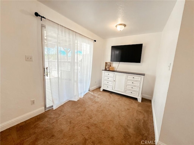 interior space with access to outside, light colored carpet, and baseboards