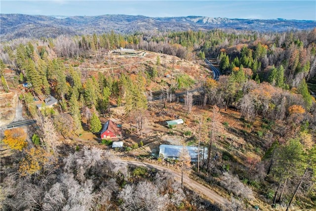 aerial view featuring a mountain view and a forest view