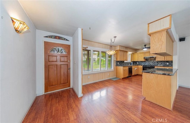 kitchen with under cabinet range hood, black electric range, light wood-type flooring, backsplash, and dishwasher