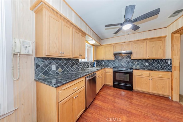 kitchen with black / electric stove, stainless steel dishwasher, under cabinet range hood, light brown cabinets, and a sink