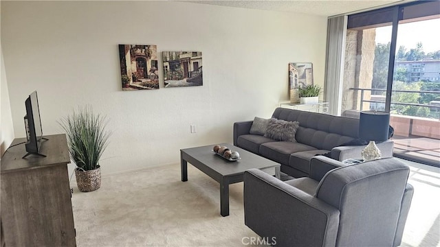 living area featuring floor to ceiling windows, carpet flooring, a wealth of natural light, and a textured ceiling