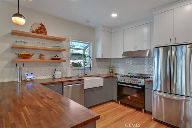 kitchen with under cabinet range hood, butcher block countertops, decorative backsplash, stainless steel appliances, and a sink