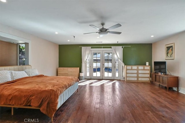 bedroom featuring access to exterior, recessed lighting, french doors, hardwood / wood-style flooring, and a ceiling fan