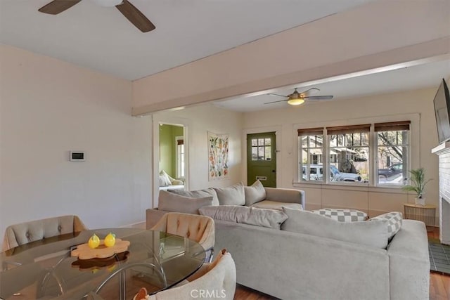 living room featuring wood finished floors and a ceiling fan