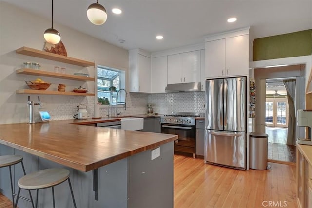 kitchen with under cabinet range hood, butcher block counters, appliances with stainless steel finishes, a peninsula, and a sink