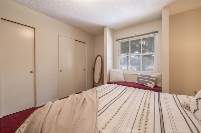 bedroom featuring carpet, a textured ceiling, and two closets