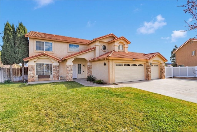 mediterranean / spanish-style home with stone siding, an attached garage, fence, and driveway