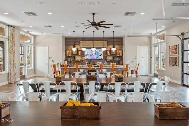 dining area with visible vents, a ceiling fan, and recessed lighting