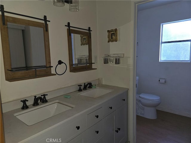 bathroom featuring a sink, baseboards, toilet, and double vanity