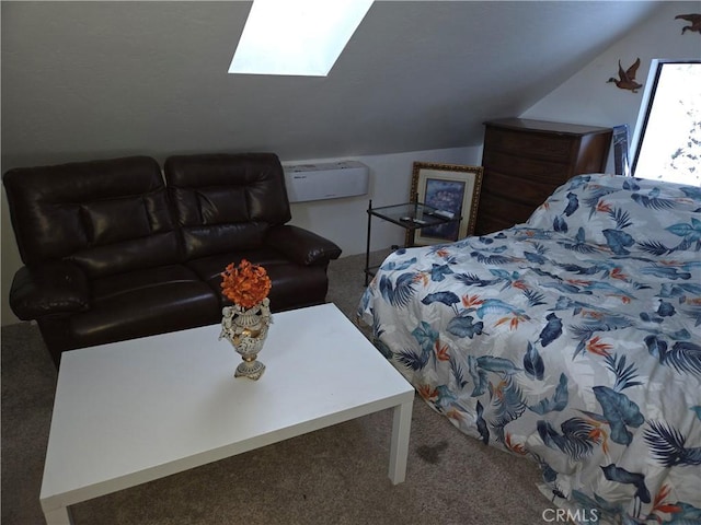 carpeted bedroom featuring vaulted ceiling with skylight and a wall mounted air conditioner