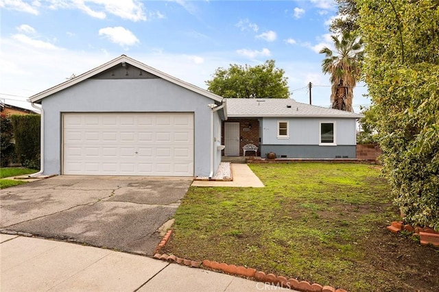 ranch-style home featuring a front lawn, an attached garage, driveway, and stucco siding