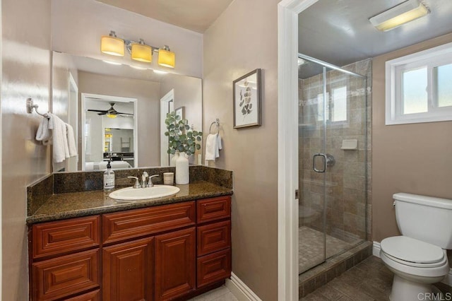 ensuite bathroom featuring a stall shower, toilet, and baseboards