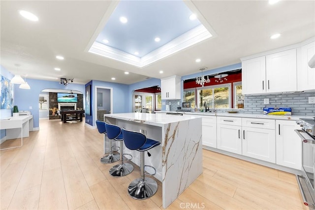 kitchen featuring a tray ceiling, backsplash, light wood-style flooring, stainless steel range oven, and a kitchen island