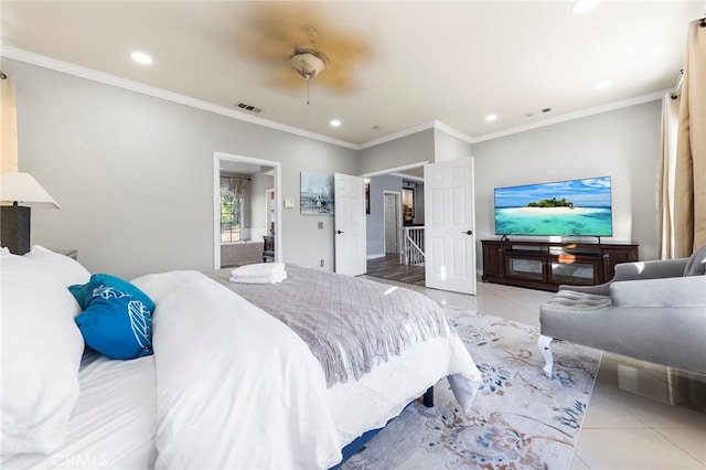 bedroom featuring light tile patterned floors, visible vents, a ceiling fan, ornamental molding, and recessed lighting