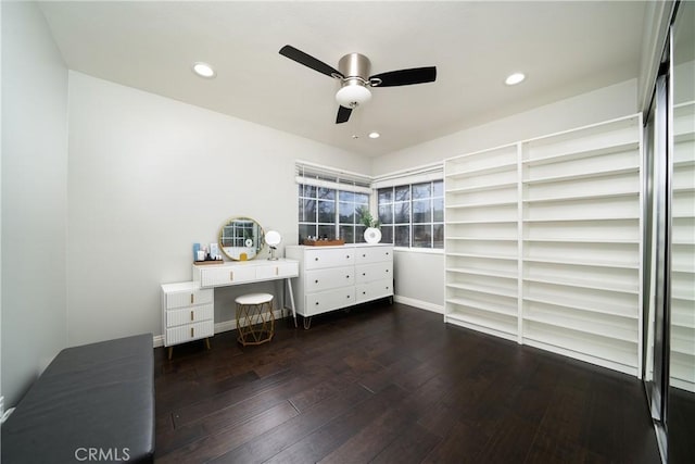 bedroom featuring dark wood finished floors, recessed lighting, baseboards, and a ceiling fan