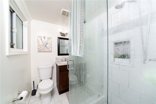 full bathroom with vanity, visible vents, tiled shower, tile patterned floors, and toilet