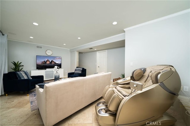 living area featuring crown molding, recessed lighting, and visible vents