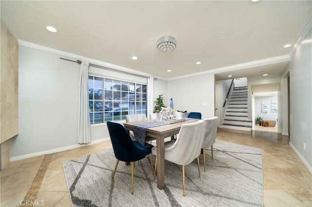 dining area featuring recessed lighting, baseboards, ornamental molding, and stairs