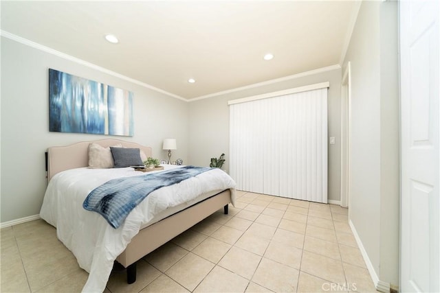 bedroom with light tile patterned floors, baseboards, ornamental molding, and recessed lighting