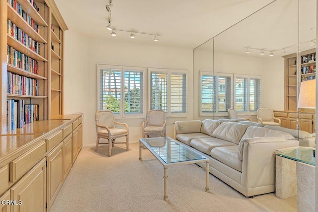 living area featuring track lighting, light colored carpet, and a healthy amount of sunlight