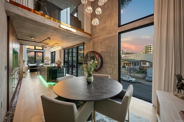 dining space with a chandelier, wood-type flooring, floor to ceiling windows, and a towering ceiling