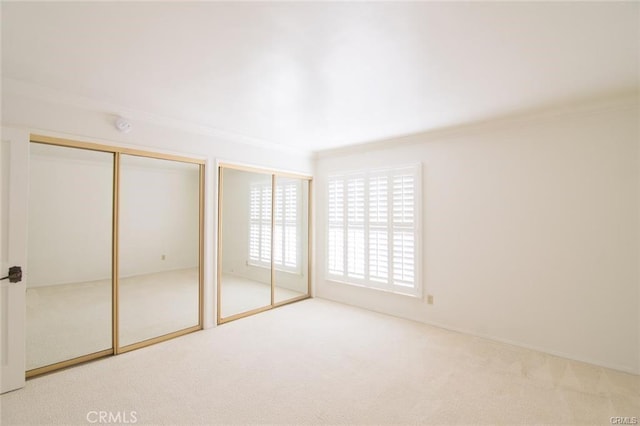 unfurnished bedroom featuring multiple closets, crown molding, and carpet floors