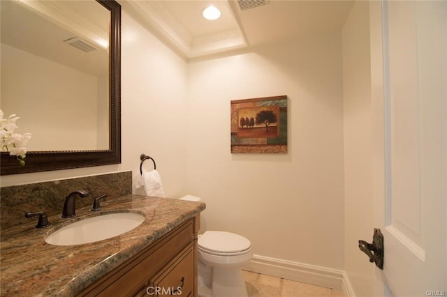 half bath featuring toilet, visible vents, vanity, baseboards, and ornamental molding