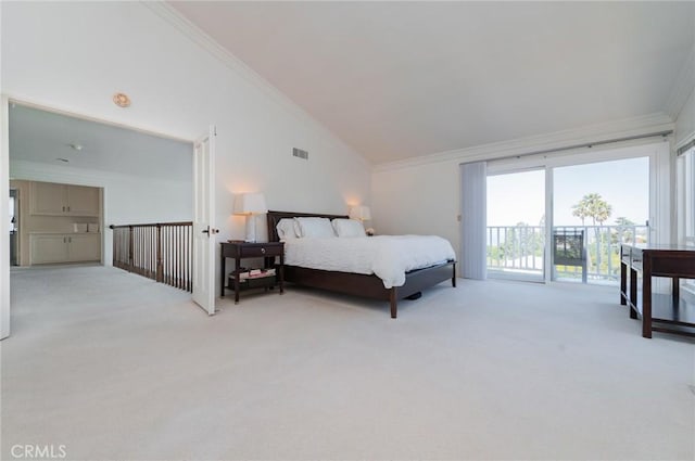 bedroom with ornamental molding, access to outside, visible vents, and light carpet