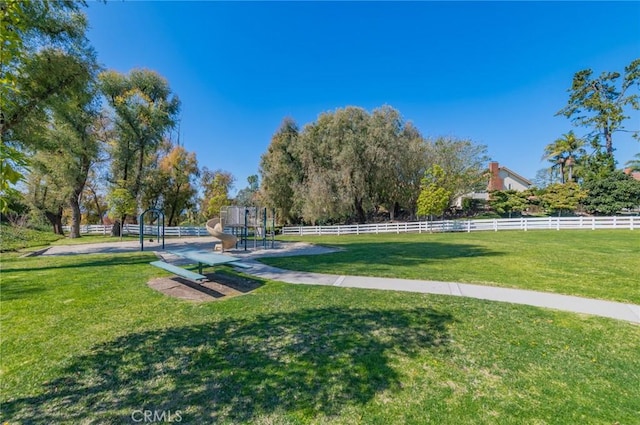 view of property's community featuring fence and a lawn