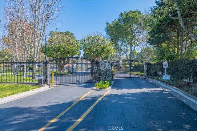 view of street with a gate, curbs, and a gated entry