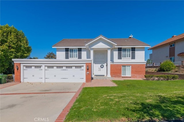 view of front of home featuring a garage, concrete driveway, brick siding, and a front lawn