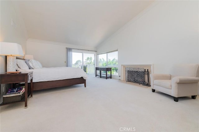 bedroom featuring crown molding, high vaulted ceiling, a high end fireplace, and light colored carpet