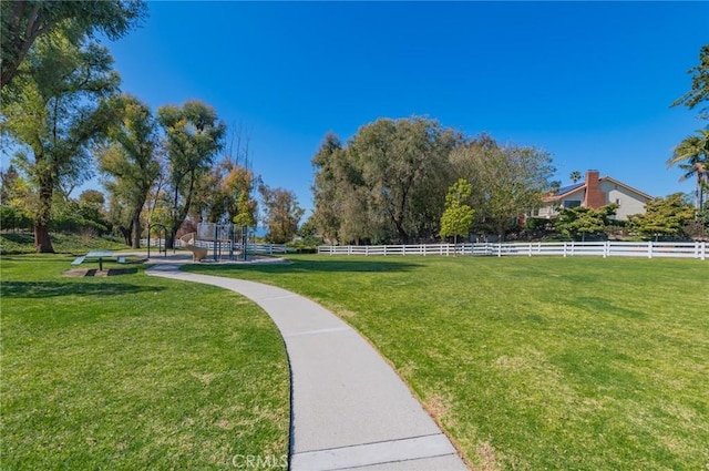 view of community with a lawn and fence