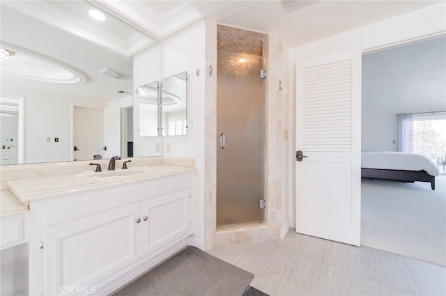 ensuite bathroom with visible vents, ensuite bathroom, ornamental molding, a stall shower, and vanity