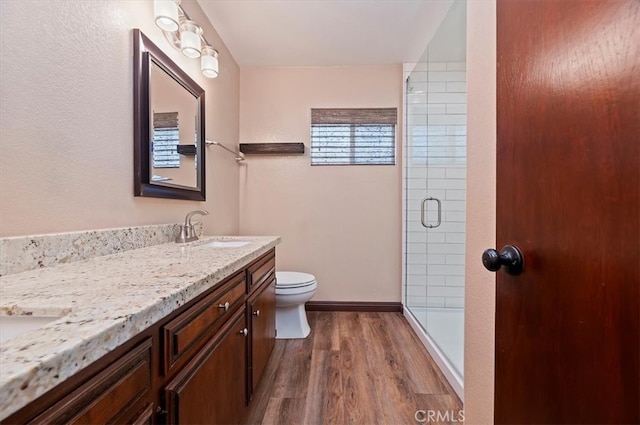 bathroom featuring double vanity, toilet, wood finished floors, a shower stall, and a sink