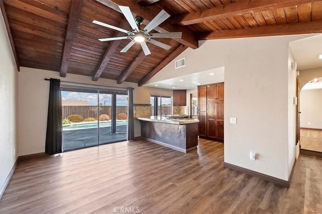 kitchen featuring visible vents, vaulted ceiling with beams, a peninsula, and wood finished floors