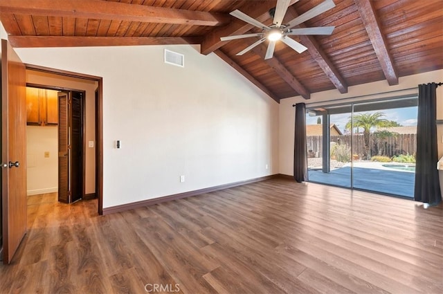 spare room featuring visible vents, lofted ceiling with beams, wood finished floors, wooden ceiling, and baseboards