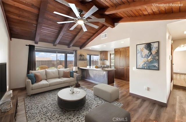 living room featuring vaulted ceiling with beams, light wood finished floors, visible vents, a ceiling fan, and wooden ceiling