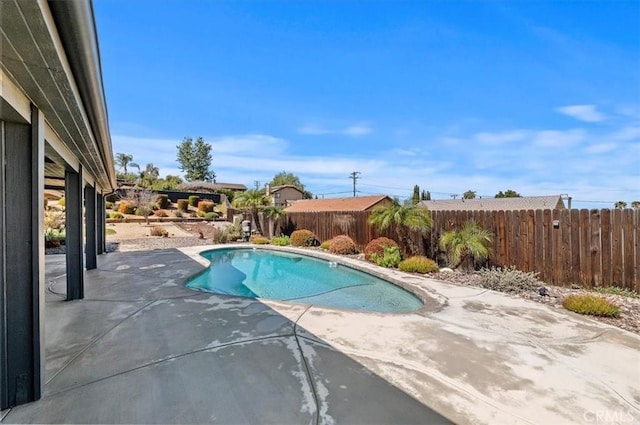 view of swimming pool featuring a fenced in pool, a patio, and fence