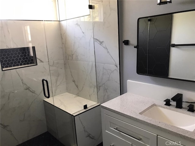 26734 Caravan Cir, Corona, CA 92883 - full bath featuring vanity and a marble finish shower