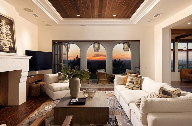 living area with visible vents, recessed lighting, a fireplace, a raised ceiling, and wood ceiling