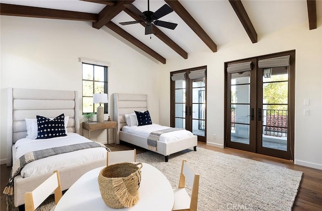 bedroom featuring access to exterior, baseboards, lofted ceiling with beams, french doors, and wood finished floors