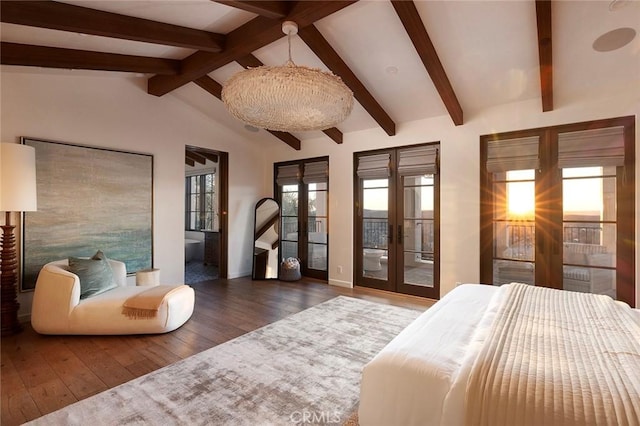 bedroom with french doors, wood-type flooring, lofted ceiling with beams, and access to outside